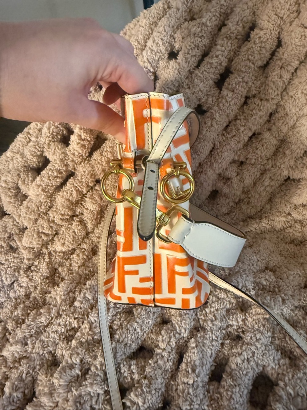 Fendi Orange and White Monogram Drawstring Crossbody Bag - Picture 2 of 6